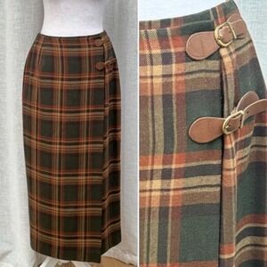 Lauren Ralph Lauren plaid brown green wool midi wrap leather strap skirt